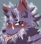  absurd_res anthro bathym bodily_fluids canid canine canis demon genital_fluids hi_res looking_at_viewer male mammal nako solo tagme tokyo_afterschool_summoners video_games wolf wycicus 
