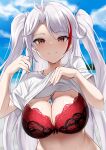  1girl antenna_hair azur_lane bra breasts cleavage hands_up highres jewelry lace-trimmed_bra lace_trim large_breasts lifted_by_self long_hair looking_at_viewer mole mole_on_breast multicolored_hair necklace prinz_eugen_(azur_lane) red_bra red_eyes shengtian shirt shirt_lift short_sleeves smile solo streaked_hair two_side_up underwear upper_body wet white_hair white_shirt 