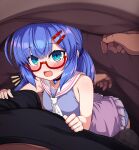  1boy 1girl ahoge bangs bell bell_choker black_choker black_shirt blue_eyes blue_hair blue_panties blush breasts bulge choker collarbone erection erection_under_clothes eyebrows_visible_through_hair fang glasses hair_between_eyes hair_ornament hairclip highres jingle_bell long_hair null_(nyanpyoun) open_mouth otomachi_una panties pleated_skirt red-framed_eyewear sailor_collar semi-rimless_eyewear shirt skirt sleeveless small_breasts smile solo_focus talkex twintails under-rim_eyewear under_covers underwear vocaloid 