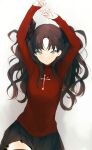  1girl arms_up bangs black_hair black_legwear black_skirt blue_eyes breasts closed_mouth cross fate/stay_night fate_(series) grey_background hair_ribbon long_hair long_sleeves lpip red_sweater ribbon simple_background skirt solo sweater thighhighs tohsaka_rin two_side_up 
