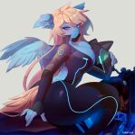  anthro big_breasts blonde_hair blue_body blush breasts cleavage clothed clothing equid equine female hair hasbro hi_res lusty_symphony mammal motorcycle my_little_pony pegasus simple_background sitting solo tanatlas vehicle wings 