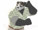  2020 5_fingers anthro badger belt black_body black_fur black_nose bottomwear brown_eyes clothing echo_(series) echo_project european_badger eyewear fingers floral_print fur grey_body grey_fur hi_res humanoid_hands male mammal meles multicolored_body multicolored_fur mustelid musteline nikolai_(the_smoke_room) shirt simple_background solo stauf sunglasses t-shirt the_smoke_room topwear two_tone_body two_tone_fur video_games visual_novel white_background 