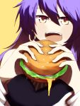  1girl bangs black_shirt cheese earrings fang food hamburger highres holding holding_food hololive hololive_indonesia jewelry looking_at_viewer moona_hoshinova open_mouth purple_hair retayu_arth shirt simple_background solo teeth virtual_youtuber yellow_background 