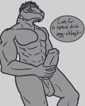  4:5 absurd_res anthro argonian balls bethesda_softworks biceps big_penis digital_media_(artwork) dromaeo-tsar english_text erection genitals hi_res holding_penis horn looking_at_viewer looking_down male muscular muscular_anthro muscular_male nude penis reptile scalie simple_background skyrim smile solo speech_bubble talen-jei text the_elder_scrolls video_games 