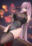  1girl azur_lane bare_shoulders black_dress black_legwear blue_eyes blurry bokeh breasts china_dress chinese_clothes cleavage covered_navel depth_of_field dress dutch_angle elbow_gloves eyepatch gloves gold_trim grey_gloves highres holding large_breasts long_hair looking_at_viewer marshall_k no_panties pelvic_curtain pink_hair ponytail scharnhorst_(azur_lane) scharnhorst_(panther_und_pflaume)_(azur_lane) sleeveless sleeveless_dress smile solo taut_clothes taut_dress thighhighs thighs very_long_hair 