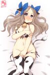 1girl alternate_costume animal_ears animal_print artist_logo asakaze_(kantai_collection) bangs bell bikini blue_bow blue_eyes blush bow commentary_request covering covering_crotch cow_ears cow_print cow_tail cowbell cowboy_shot dakimakura_(medium) dated ear_tag fake_animal_ears forehead groin hair_bow highres kanon_(kurogane_knights) kantai_collection light_brown_hair long_hair looking_at_viewer lowleg lowleg_bikini lying parted_bangs pout side-tie_bikini sidelocks simple_background solo swimsuit tail untied untied_bikini wavy_hair white_background 
