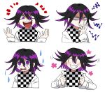  1boy :d bangs black_hair checkered checkered_background checkered_kimono checkered_neckwear checkered_scarf commentary_request constricted_pupils cropped_torso danganronpa_(series) danganronpa_v3:_killing_harmony expression_chart floral_print furukawa_(yomawari) grin hair_between_eyes hands_up highres jacket japanese_clothes kimono long_sleeves looking_at_viewer male_focus open_mouth ouma_kokichi purple_eyes purple_hair scarf shiny shiny_hair short_hair simple_background smile straitjacket tearing_up tears unmoving_pattern upper_body upper_teeth white_background wide-eyed 