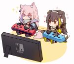  2girls absurdres animal_ears armband bangs black_gloves black_jacket brown_eyes brown_hair chibi dog_ears dog_girl dog_tail eyebrows_visible_through_hair fingerless_gloves girls_frontline gloves green_hair headphones highres jacket long_hair m4a1_(girls_frontline) multicolored_hair multiple_girls nintendo_switch pink_hair playing_games purple_hair scarf sitting st_ar-15_(girls_frontline) streaked_hair tail white_background yuutama2804 