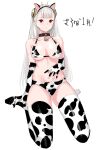  1girl 2021 absurdres animal_ears animal_print bell bell_collar bikini breasts capcom_fighting_jam chinese_zodiac collar commentary_request cow_ears cow_horns cow_print cowbell elbow_gloves fake_animal_ears fake_horns full_body gloves hairpods highres horns ingrid long_hair looking_at_viewer medium_breasts navel print_bikini print_gloves print_legwear red_eyes silver_hair sitting solo swimsuit tetsu_(kimuchi) thighhighs thighs translation_request underboob wariza year_of_the_ox 