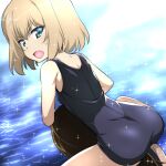  2girls ass bangs blonde_hair blue_eyes blue_swimsuit brown_hair carrying commentary_request eyebrows_visible_through_hair fang from_behind girls_und_panzer katyusha_(girls_und_panzer) long_hair looking_back multiple_girls nakahira_guy nonna_(girls_und_panzer) one-piece_swimsuit open_mouth short_hair shoulder_carry sweatdrop swimsuit water 