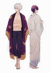  2boys artist_name barefoot cosplay costume_switch crossed_arms gintama japanese_clothes kimono multiple_boys open_clothes open_kimono purple_hair sakata_gintoki short_hair standing takasugi_shinsuke takezaki_(artist) white_background white_hair 