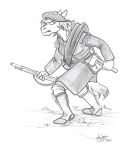  2021 angry anthro axe beret clothing dual_wielding equid equine female footwear greyscale gun hat headgear headwear holding_object holding_weapon horse looking_back mammal melee_weapon monochrome musket pony powder_horn rabbi-tom ranged_weapon red_shetland shetland_pony simple_background tomahawk weapon 