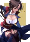  1girl absurdres ark_royal_(azur_lane) azur_lane bangs belt black_hair black_legwear black_skin blue_belt blue_eyes blue_sleeves breasts cleavage cleavage_cutout closed_mouth clothing_cutout colored_skin commentary_request cowboy_shot eyebrows_visible_through_hair eyes_visible_through_hair gloves hair_between_eyes hair_ornament hair_over_one_eye highres jacket large_breasts long_sleeves looking_at_viewer miniskirt red_jacket sankyo_(821-scoville) shirt short_hair sidelocks skindentation skirt smile solo standing thighhighs waistcoat white_shirt yellow_background zettai_ryouiki 