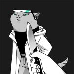  1:1 anthro brand_new_animal clothed clothing digital_media_(artwork) disembodied_hand ear_piercing ear_ring eyewear female fluffy fluffy_tail fur genicecream green_eyes grey_body grey_fur knife knife_cat mammal marie_itami meme mink mustelid musteline overcoat parody piercing simple_background smile smug solo solo_focus studio_trigger topwear turtleneck 