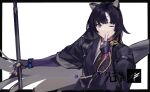  1girl ;o animal_ears arknights bangs black_border black_gloves black_hair black_kimono blush border bracelet brown_eyes dog_ears dog_girl elbow_gloves facial_mark fingerless_gloves forehead_mark gloves hand_up holding japanese_clothes jewelry kimono long_hair long_sleeves looking_at_viewer nineo one_eye_closed open_mouth outstretched_arm parted_bangs saga_(arknights) simple_background solo upper_body very_long_hair white_background wide_sleeves 