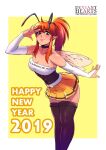  1girl 2019 antennae bare_shoulders bent_over boots breasts choker cleavage collarbone dated doctor_zexxck english_commentary gloves green_eyes happy_new_year insect_girl looking_at_viewer medium_breasts new_year orange_hair original pointy_ears ponytail skirt solo thigh_boots thighhighs wings 