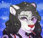  anthro black_hair deanwolfwood digital_media_(artwork) domestic_cat felid feline felis female hair leopard mammal pantherine purple_eyes snow snow_leopard snowing solo 