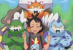  1boy antenna_hair bangs black_hair blurry blurry_background blush clenched_hand closed_eyes commentary_request crossed_arms eyelashes gen_5_pokemon gen_8_pokemon goh_(pokemon) hair_ornament hands_up heart landorus landorus_(incarnate) legendary_pokemon male_focus open_mouth pokemoa pokemon pokemon_(anime) pokemon_(creature) pokemon_swsh_(anime) short_sleeves smile sobble thundurus thundurus_(incarnate) tongue tornadus tornadus_(incarnate) v watery_eyes wavy_mouth 