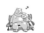  &lt;3 2021 4:3 bench bottomwear canid canine canis clothing domestic_dog duo eyes_closed male mammal monochrome overweight overweight_male pants pommn_mn scarf sitting sketch sweater topwear ursid 