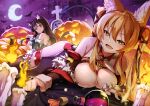  2girls animal_ears bangs breasts cleavage crescent_moon demon_girl fang halloween jie_laite large_breasts looking_at_viewer lying moon multiple_girls on_stomach original skin_fang smile succubus tagme 