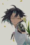  1boy ahoge aqua_hair black_hair character_request copyright_request flower from_side genshin_impact green_eyes highres jewelry multicolored_hair necklace parted_lips petals short_hair solo two-tone_hair upper_body xiao_(genshin_impact) yomotsu00 