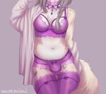  alyx_(alyxalyx) anthro bow_panties bra braided_hair breasts bulge clothed clothing collar digital_media_(artwork) footwear grey_background gynomorph hair hi_res holyravioli intersex lingerie mammal navel off_shoulder panties portrait purple_bra purple_clothing purple_collar purple_footwear purple_panties purple_socks purple_thigh_highs purple_thigh_socks purple_underwear shaded signature simple_background slightly_chubby socks solo standing underwear 