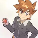  1boy bangs black_jacket blue_oak blush brown_hair brown_pants closed_mouth commentary grey_eyes hair_between_eyes holding holding_poke_ball jacket jewelry light_blush long_sleeves male_focus necklace pants poke_ball poke_ball_(basic) pokemon pokemon_(game) pokemon_hgss rata_(m40929) shirt smile solo spiked_hair white_shirt 