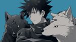  1boy animal bangs blue_background blue_eyes blue_theme closed_mouth commentary dog familiar fingernails fushiguro_megumi gakuran hair_between_eyes hand_on_another&#039;s_head high_collar highres jacket jujutsu_kaisen long_sleeves looking_to_the_side male_focus monochrome petting sayshownen school_uniform serious short_hair spiked_hair spot_color twitter_username upper_body watermark 