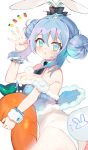  1girl animal_ears arm_strap atsumi_jun bicute_bunnies_miku black_neckwear blue_eyes blue_hair blue_nails bunny_ears cowboy_shot double_bun ear_ribbon fingernails fishnet_legwear fishnets hand_up hatsune_miku holding holding_stuffed_toy leotard looking_at_viewer mini_necktie nail_polish pantyhose parted_lips solo standing stuffed_carrot stuffed_toy tied_ears vocaloid white_leotard wristband 