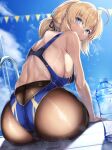  1girl :o ahoge artoria_pendragon_(all) artoria_pendragon_(swimsuit_archer) ass blonde_hair blue_eyes blue_sky blue_swimsuit bottle breasts cloud eyebrows eyebrows_visible_through_hair fate/grand_order fate_(series) festival flat_color highres hirasawa_seiji large_breasts looking_at_viewer looking_back one-piece_swimsuit pantyhose pantyhose_under_swimsuit pool_ladder shiny shiny_skin sitting sky swimsuit tied_hair water_bottle 