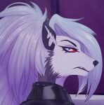  anthro canid canine canis clothing deanwolfwood digital_media_(artwork) female fur grey_body grey_fur hair hazbin_hotel helluva_boss jacket leather leather_clothing leather_jacket leather_topwear loona_(vivzmind) mammal red_sclera silver_hair solo topwear white_eyes wolf 