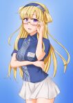  1girl adjusting_eyewear anti_(untea9) bespectacled black-framed_eyewear blonde_hair blue_background blue_shirt breasts collared_shirt cowboy_shot double_bun employee_uniform fletcher_(kantai_collection) glasses gradient gradient_background hairband highres id_card kantai_collection large_breasts lawson long_hair name_tag open_mouth purple_eyes shirt short_sleeves skirt solo striped striped_shirt uniform vertical-striped_shirt vertical_stripes white_skirt 