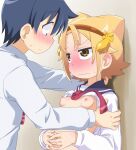  1boy 1girl arm_grab black_hair blush breasts ear_blush eyebrows_visible_through_hair hairband hand_on_another&#039;s_arm highres hiro_hiroki jin_kaito school_uniform serafuku shirt_lift short_hair small_breasts sweat wall_slam wavy_mouth yatogame-chan_kansatsu_nikki yatogame_monaka yellow_eyes 