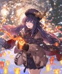  1girl :d bangs black_headwear black_skirt blue_eyes blurry blurry_background brown_coat brown_gloves brown_hair coat cowboy_shot eyebrows_visible_through_hair ezusuke floating_hair gloves hair_between_eyes hat highres holding lantern long_hair long_sleeves miniskirt open_clothes open_coat open_mouth paper_lantern pleated_skirt scarf shingeki_no_bahamut skirt smile solo standing striped striped_scarf very_long_hair winter 