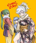  3girls animal_ears bangs blue_eyes blue_hair blue_kimono cat_ears closed_mouth copyright_name eden&#039;s_zero eyebrows_visible_through_hair facial_mark fake_animal_ears glasses gradient_kimono green_eyes green_hair grin hair_between_eyes hair_ornament hairpin hand_on_hip hermit_(eden&#039;s_zero) highres japanese_clothes kimono long_sleeves looking_at_viewer mashima_hiro multiple_girls obi official_art ponytail print_kimono sash shiny shiny_hair silver_hair simple_background sister_ivry smile standing thighs twintails wide_sleeves witch_regret yellow_background yukata 