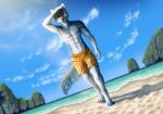  2019 anthro beach biped black_nose blue_body blue_eyes blue_fur blue_tongue canid canine canis claws clothed clothing cloud detailed_background digital_media_(artwork) domestic_dog fur grey_body grey_fur humanoid_hands husky kippycube looking_at_viewer male mammal nordic_sled_dog orange_clothing outside paws pecs sea seaside sky solo spitz standing swimming_trunks swimwear techno-robot-fox tongue topless water wet whiskers white_body white_fur 