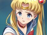  1girl bishoujo_senshi_sailor_moon blonde_hair blue_eyes blue_sailor_collar bow bowtie chesuke choker circlet crescent crescent_earrings double_bun earrings hair_intakes hair_ornament heart heart_choker highres jewelry long_hair open_mouth portrait red_bow red_choker red_neckwear sailor_collar sailor_moon sailor_moon_redraw_challenge shiny shiny_hair solo twintails 