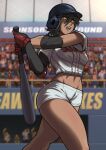  1girl baseball_bat baseball_helmet baseball_uniform blue_tongue blurry blurry_background brown_hair character_request colored_tongue commentary copyright_request gloves helmet highres imdsound midriff mismatched_sleeves open_mouth shaded_face shirt short_hair short_shorts shorts sportswear stadium thighs white_shirt white_shorts yellow_eyes 