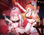  2girls alcohol bangs blunt_bangs blush bra breasts cleavage cup drinking_glass earrings eyebrows_visible_through_hair fried_chicken gradient_hair highres hololive hololive_english jewelry long_hair maomi_wo medium_breasts mori_calliope multicolored_hair multiple_girls navel open_mouth orange_hair panties pillow pink_hair side-tie_panties single_thighhigh takanashi_kiara thighhighs tiara underwear underwear_only virtual_youtuber wine wine_glass yuri 