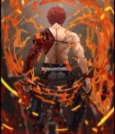  1boy back blurry depth_of_field emiya_shirou facing_away fate/grand_order fate_(series) fire from_behind holding holding_weapon igote kdm_(ke_dama) limited/zero_over male_focus pants red_hair sengo_muramasa_(fate) shirtless solo standing sword toned toned_male weapon wristband 