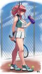  1girl absurdres artist_name azur_lane ball blue_sky bottle breasts bremerton_(azur_lane) bremerton_(scorching-hot_training)_(azur_lane) c-da chain-link_fence cleavage closed_mouth cloud cloudy_sky commentary_request crop_top crop_top_overhang fence from_side full_body hair_between_eyes hair_ornament highres holding holding_racket light_smile looking_away mole mole_under_eye multicolored_hair official_alternate_costume outdoors racket shirt signature sky sleeveless sleeveless_shirt sportswear standing streaked_hair tennis_ball tennis_racket tennis_uniform two-tone_shirt two-tone_skirt water_bottle x_hair_ornament 