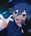  1girl :d blue_eyes blue_hair ene_(kagerou_project) finger_gun hair_between_eyes headphones highres jacket kagerou_project long_hair open_mouth smile solo toa510 track_jacket twintails upper_teeth 