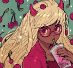  1girl bangs blonde_hair borrowed_character bubble_tea cherry cherry_(manda_schank) cup dark_skin dark_skinned_female demon_girl drinking food fruit highres holding holding_cup horns long_hair looking_at_viewer original oskar_vega red-framed_eyewear red_eyes red_horns red_nails solo succubus upper_body 