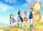  2boys 3girls absurdres beard blonde_hair blue_tunic boco boots brown_hair butz_klauser chocobo cloud copyright_name dated facial_hair faris_scherwiz field final_fantasy final_fantasy_v flower flower_field galuf_halm_baldesion grass headband highres hiryuu_(ff5) huge_filesize komugiko_no_mori krile_mayer_baldesion lenna_charlotte_tycoon long_hair multiple_boys multiple_girls pink_hair ponytail purple_hair short_hair signature skirt sky sword weapon wind wind_lift 