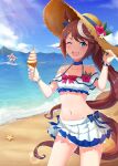  2girls animal_ears beach blue_eyes blush breasts brown_hair collarbone commentary_request food gold_ship hat horse_ears ice_cream long_hair multiple_girls navel ocean one_eye_closed open_mouth ponytail small_breasts straw_hat surfing tokai_teio umamusume vococo 