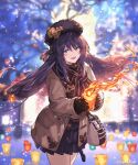  1girl :d bangs black_headwear black_scarf black_skirt blue_eyes blurry blurry_background brown_coat brown_gloves brown_hair coat cowboy_shot eyebrows_visible_through_hair ezusuke floating_hair gloves hair_between_eyes hat highres holding lantern long_hair long_sleeves miniskirt open_clothes open_coat open_mouth paper_lantern pleated_skirt scarf shingeki_no_bahamut skirt smile solo standing striped striped_scarf very_long_hair winter 