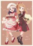  2girls :d alcremie alcremie_(strawberry_sweet) apron artist_name baking_sheet black_hair box brown_background brown_dress closed_mouth commentary_request dawn_(pokemon) dress eyelashes gen_5_pokemon gen_8_pokemon gift gift_box grey_eyes hair_ornament hairclip hat highres holding light_brown_hair long_hair long_sleeves looking_at_viewer loose_socks multiple_girls open_mouth oven_mitts pokemon pokemon_(creature) pokemon_(game) pokemon_masters_ex red_dress red_footwear red_mittens ribbed_legwear serena_(pokemon) shoes smile tongue whimsicott white_headwear yairo_(sik_s4) 
