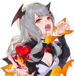  1girl :d arm_up bandaid bandaid_on_nose black_choker blood blood_from_mouth breasts capelet choker claw_pose cleavage fangs grey_hair hachi_(live_union) head_wings heart izumi_sai live_union long_hair long_sleeves looking_at_viewer medium_breasts mole mole_under_eye open_mouth orange_eyes shirt simple_background smile solo upper_body virtual_youtuber white_background white_shirt 