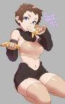  1girl 2021 agawa_ryou banana blue_eyes brown_hair brown_legwear commentary dated detached_sleeves english_commentary food fruit grey_background looking_at_viewer navel original short_hair signature simple_background solo thighhighs 