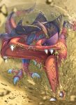  arm_support blurry claws commentary_request day gen_5_pokemon highres krookodile no_humans open_mouth outdoors pokemon pokemon_(creature) purple_eyes sand sharp_teeth solo spareribs teeth tongue 
